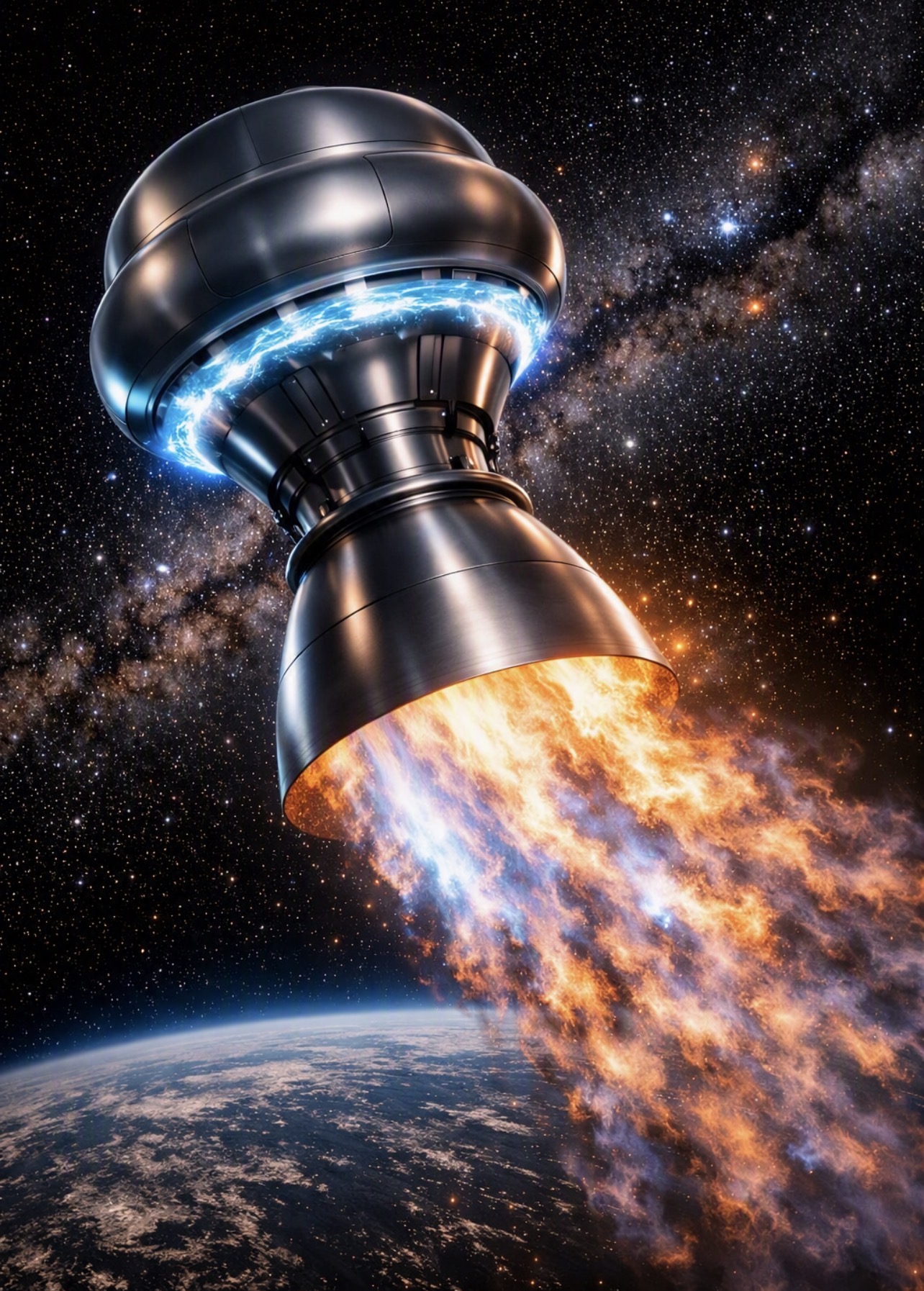 The F-1 Nova Quantum engine firing above Earth, a chrome powerhead ringed with blue plasma and trailing an orange exhaust plume against the Milky Way