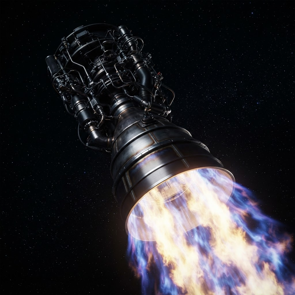 F1 Nova Prime methane engine silhouette wreathed in gold, blue and violet plasma